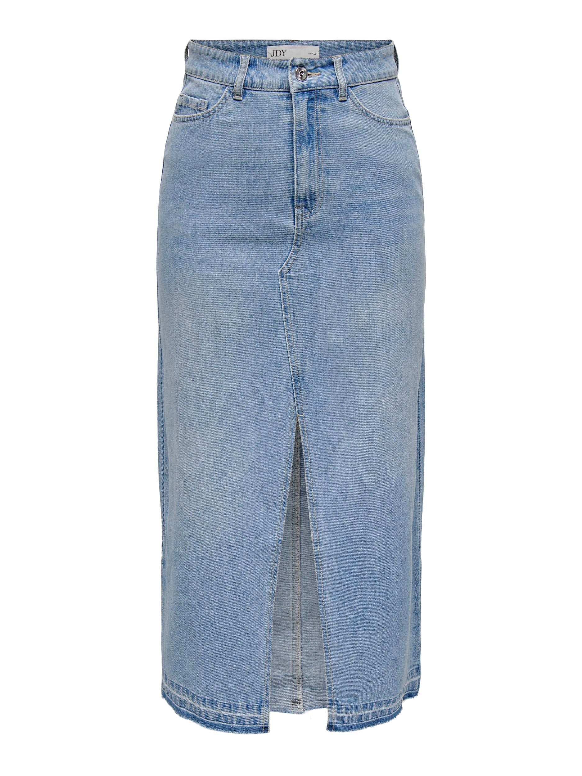 Jdy Denim Midi Skirt - Light Blue Wash - Front Slit, Women's Casual Fashion