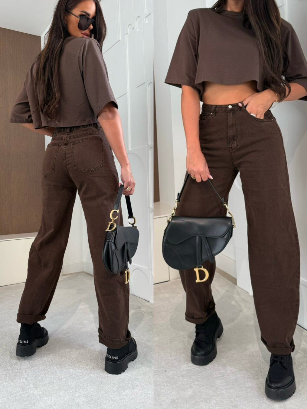 Brown Crop Top and Wide Leg Jeans Set - Women's Casual Outfit