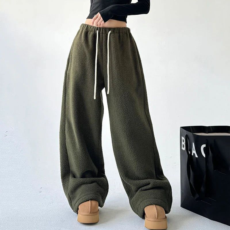 Wide Leg Sherpa Fleece Lounge Pants for Women with Drawstring - Relaxed Fit, Comfortable, Soft