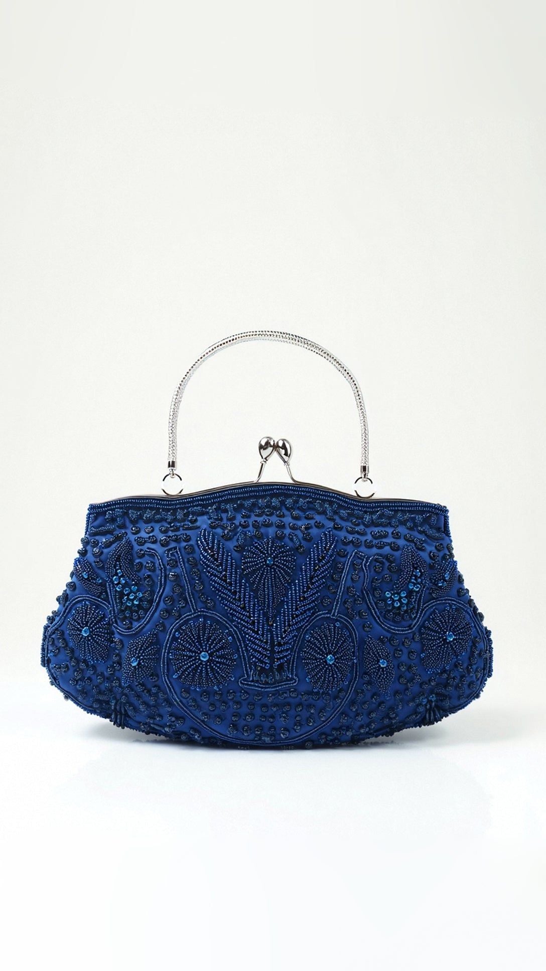 Embroidered Evening Bag with Metal Handle - Beaded Clutch Purse - Formal Occasion Handbag