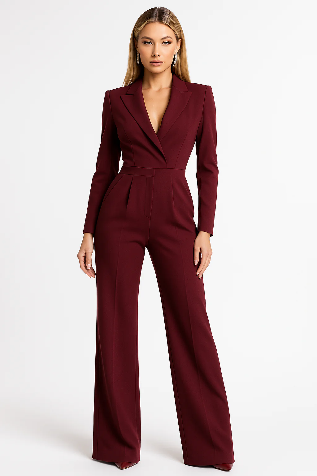 Women's Formal Jumpsuit Blazer Wide Leg Pant Suit Elegant Wedding Guest Outfit (Burgundy, Green, White)