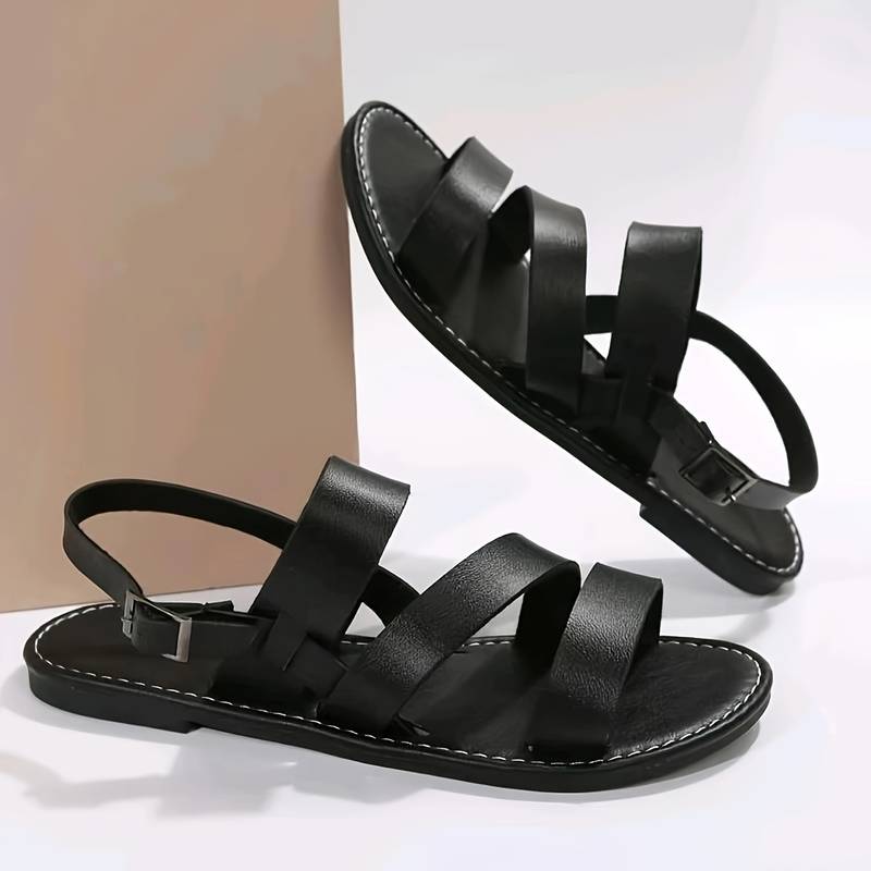 Women's Strappy Sandals - Comfortable Leather Flats in Black, Red, Cream, Brown