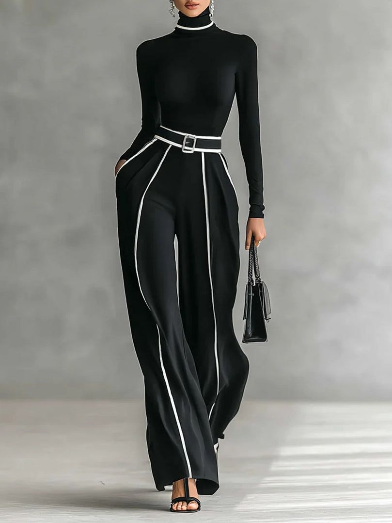 Women's Pant Set - Turtleneck Long Sleeve Top & Wide Leg Pants with Belt - Black/Gray - Elegant Style
