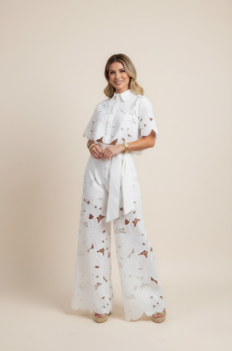 Floral Lace Two-Piece Set: Cropped Shirt & Wide Leg Pants - Women's Matching Outfit