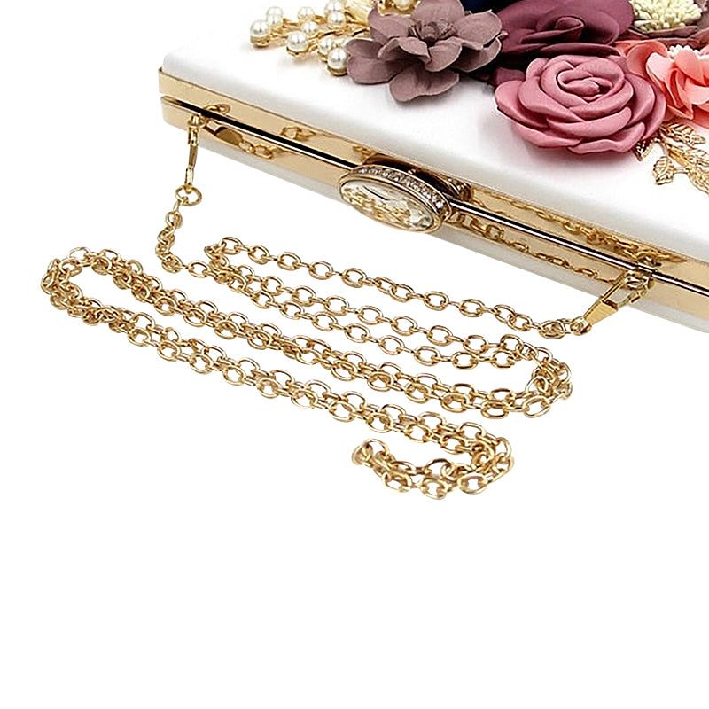 Floral Clutch Bag - White Evening Purse with Chain Strap, Fabric Flowers & Pearl Embellishments