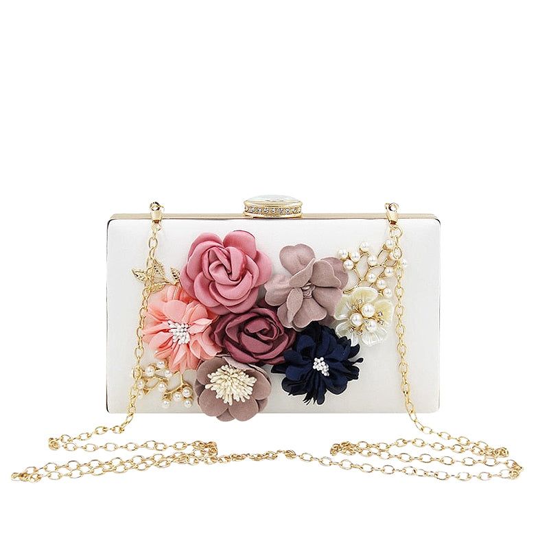 Floral Clutch Bag - White Evening Purse with Chain Strap, Fabric Flowers & Pearl Embellishments