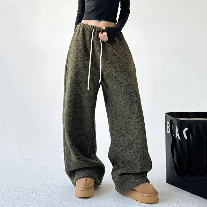 Wide Leg Sherpa Fleece Lounge Pants for Women with Drawstring - Relaxed Fit, Comfortable, Soft