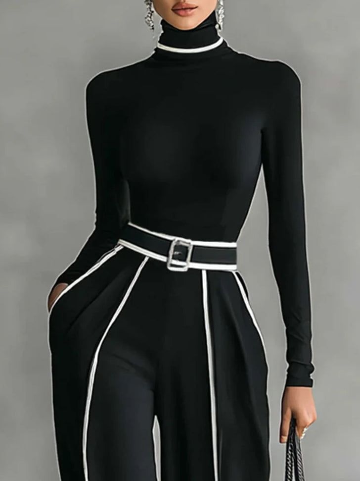 Women's Pant Set - Turtleneck Long Sleeve Top & Wide Leg Pants with Belt - Black/Gray - Elegant Style