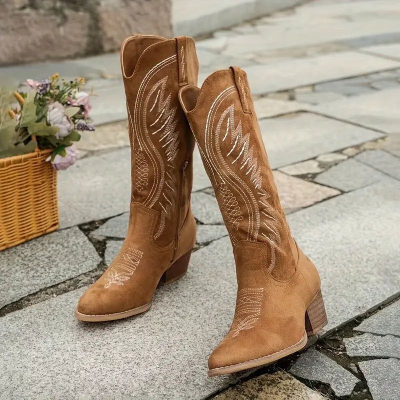 Embroidered Western Cowboy Boots for Women - Suede Leather, Block Heel, Pointed Toe