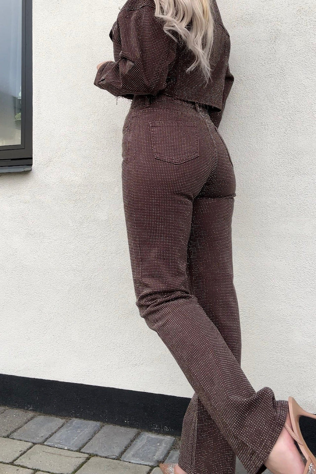 Brown Rhinestone High Waist Flare Jeans for Women - Embellished Denim Pants