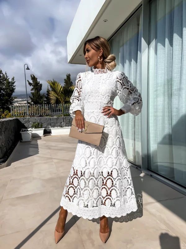 Elegant Lace Midi Dress: Women's Long Sleeve High Neck A-Line Cocktail Party Dress