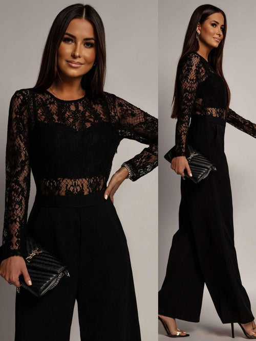 Black Lace Jumpsuit Long Sleeve Open Back Wide Leg Elegant Women's Jumpsuit