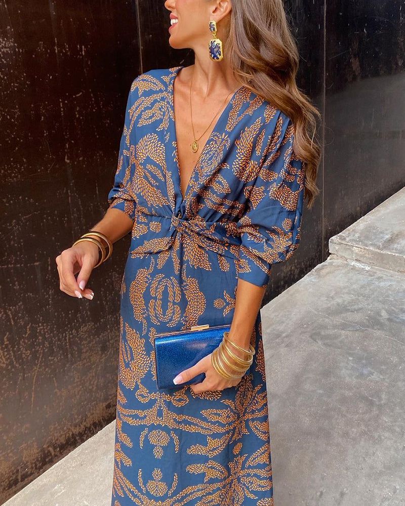 Twist Front Midi Dress - V-Neck Long Sleeve Printed Dress for Women