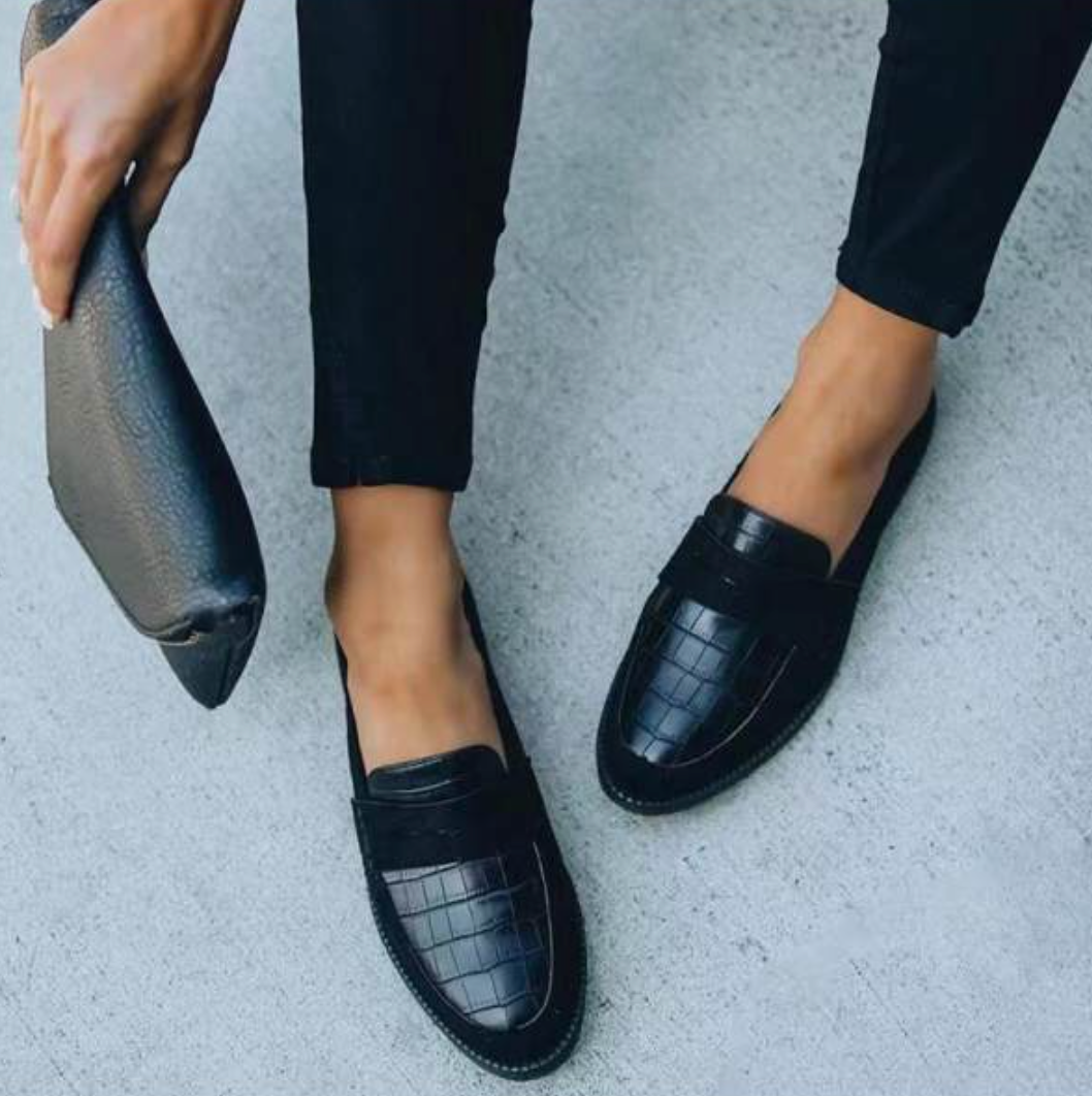 Women's Black Leather Loafers - Croc Pattern, Comfortable Fit