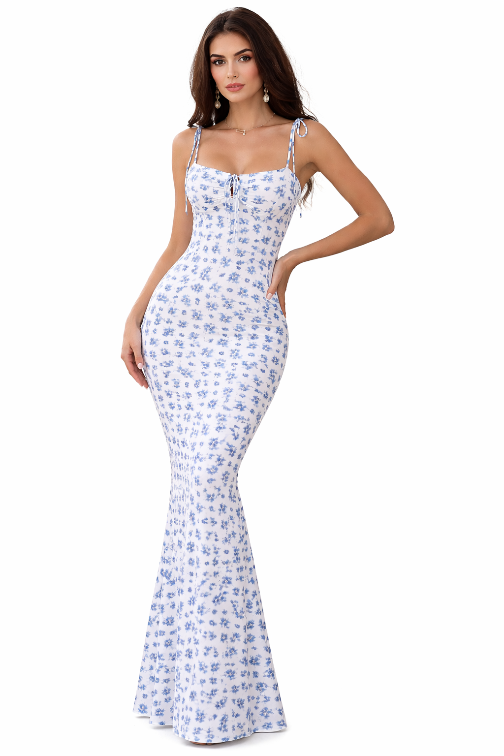 Tie-Shoulder Blue Floral Fishtail Maxi Dress