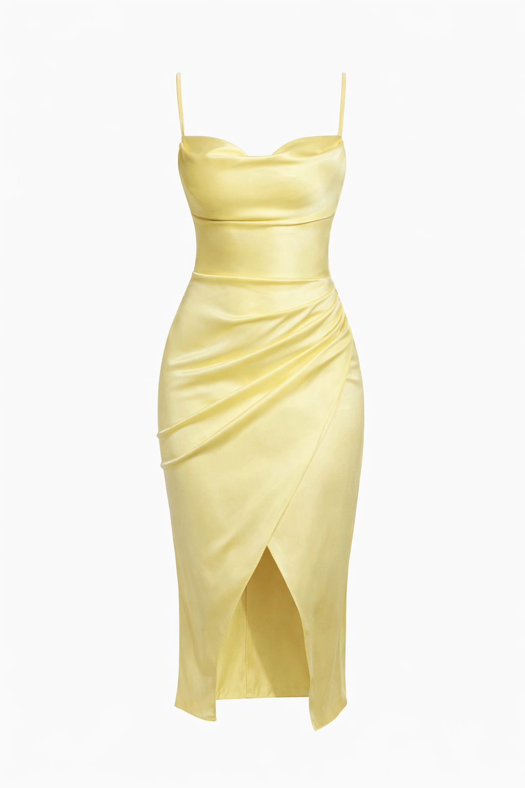Lemon Satin Ruched Wrap Midi Dress