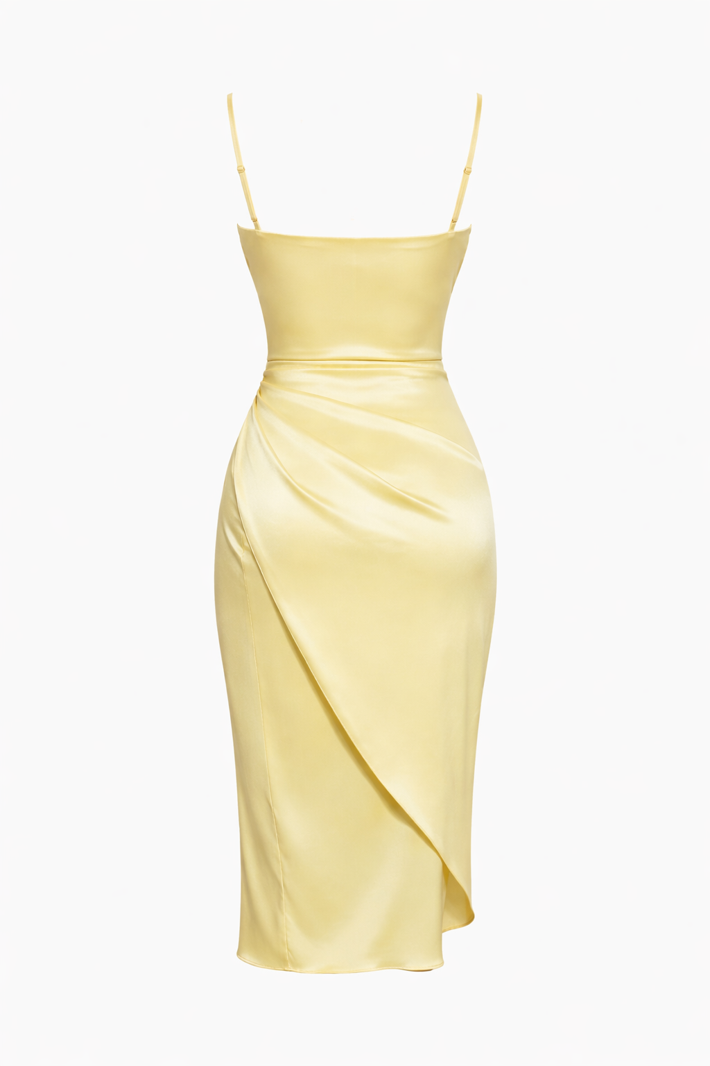 Lemon Satin Ruched Wrap Midi Dress