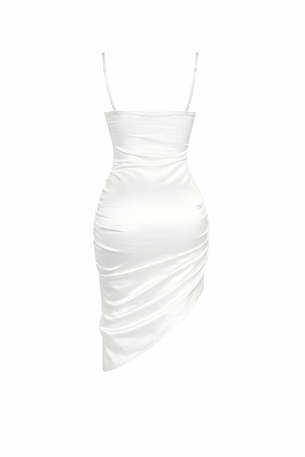 Luxe Ruched Satin Slip Midi Dress – Drawstring Side & Asymmetrical Hem