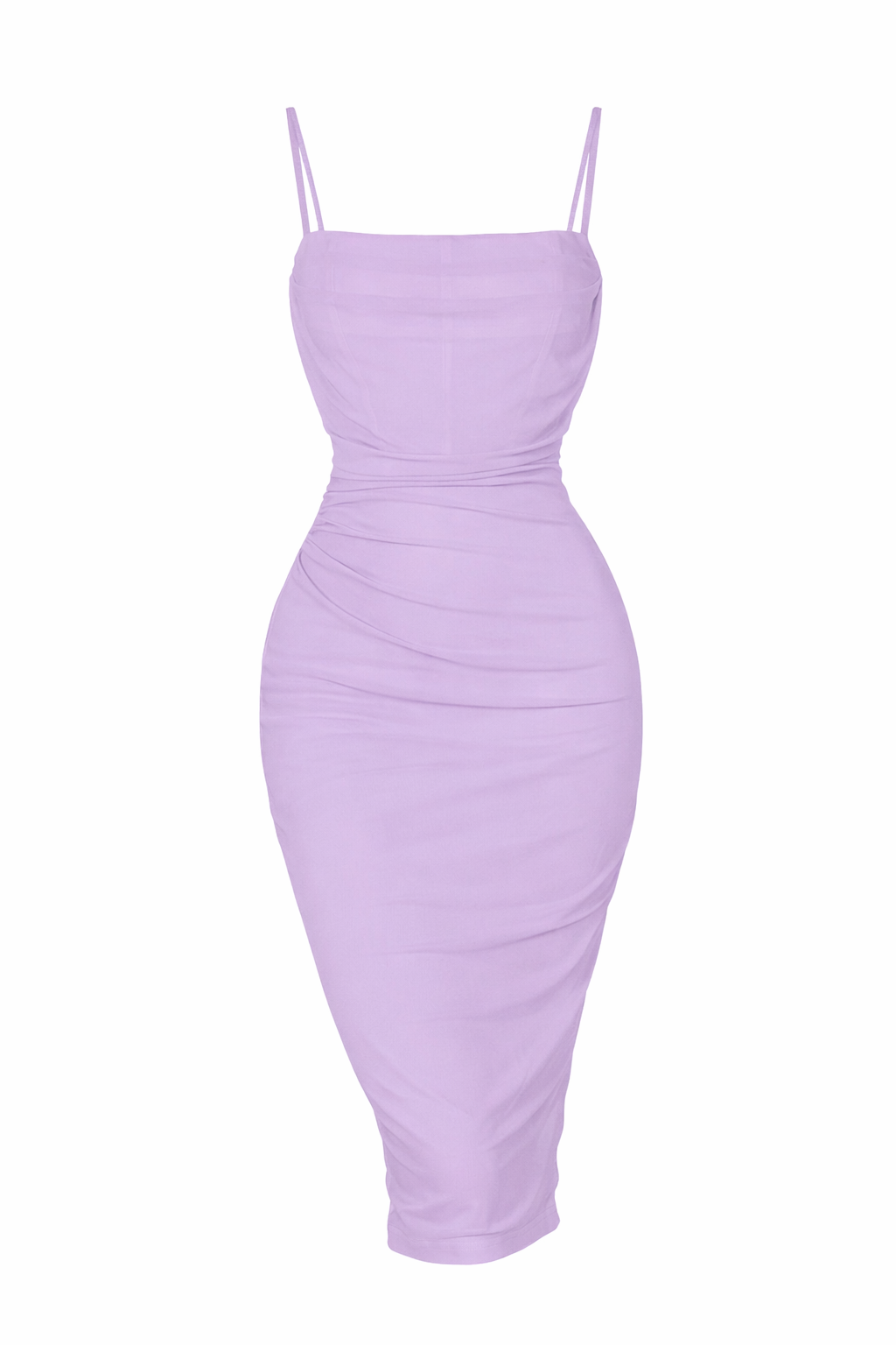 Lilac Ruched Zip-Back Cami Bodycon Midi Dress