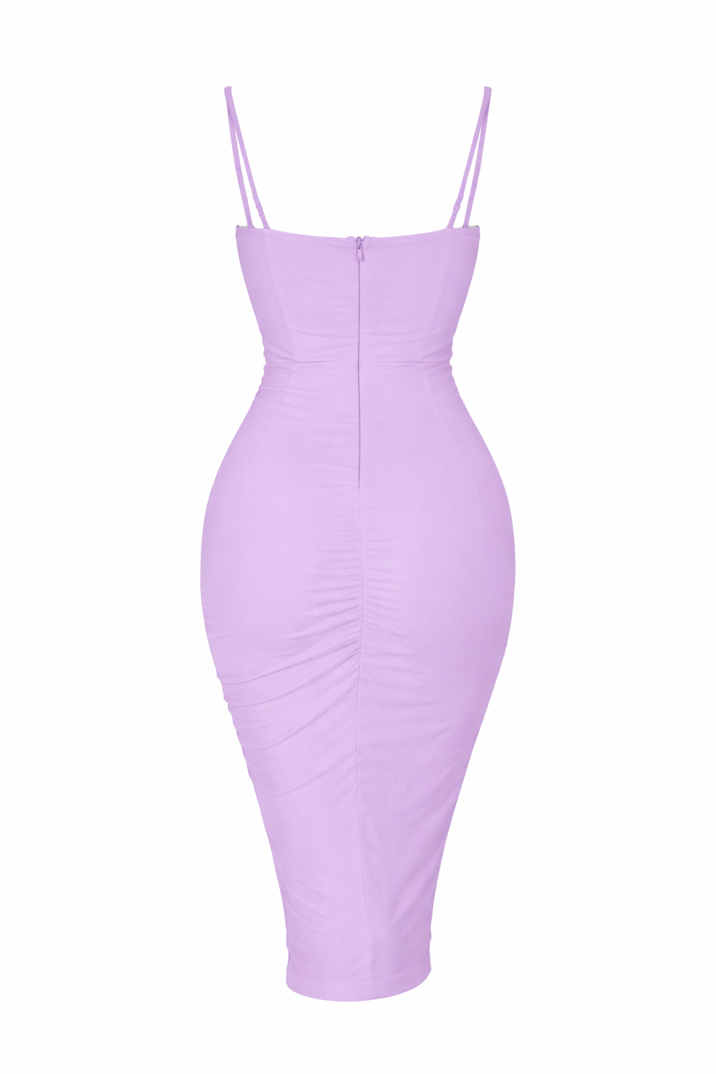 Lilac Ruched Zip-Back Cami Bodycon Midi Dress
