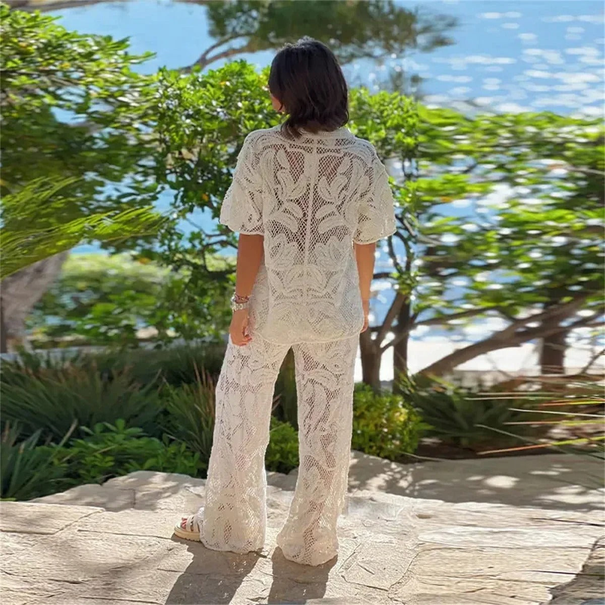 Elegant White Lace Two-Piece Set - Women's Summer Beachwear Outfit