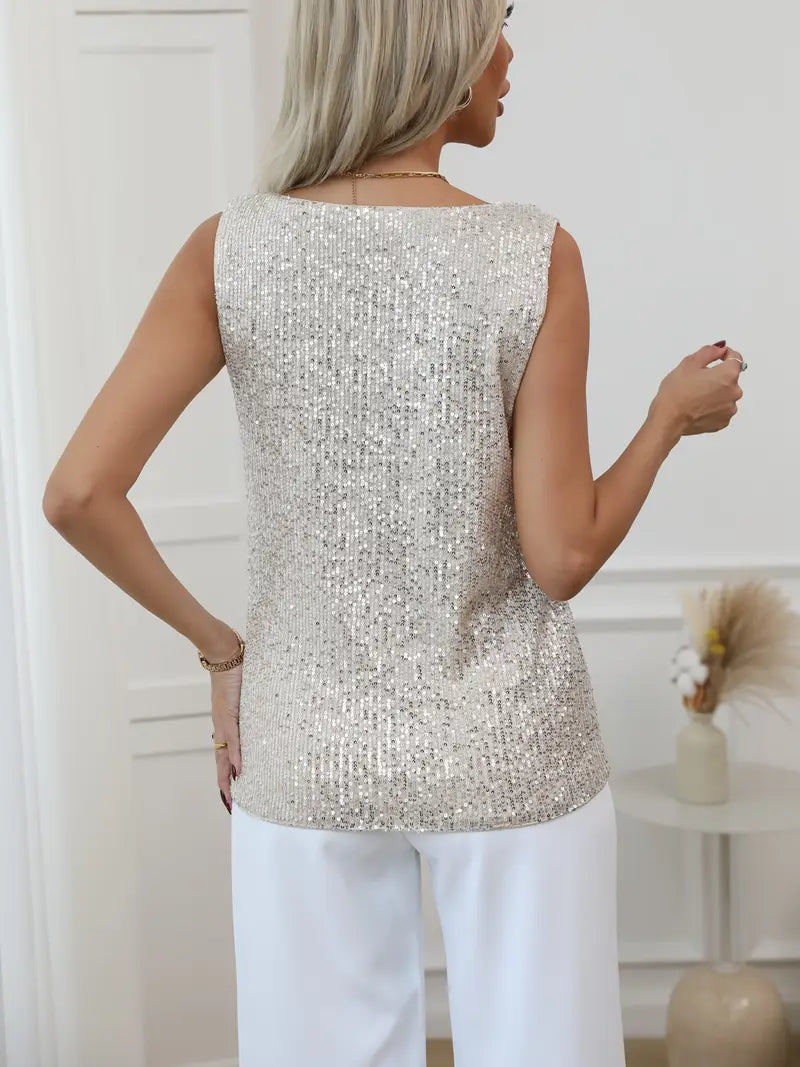 Elegant Sequin Sleeveless V-Neck Top for Women - Gold, Silver, Pink, Black