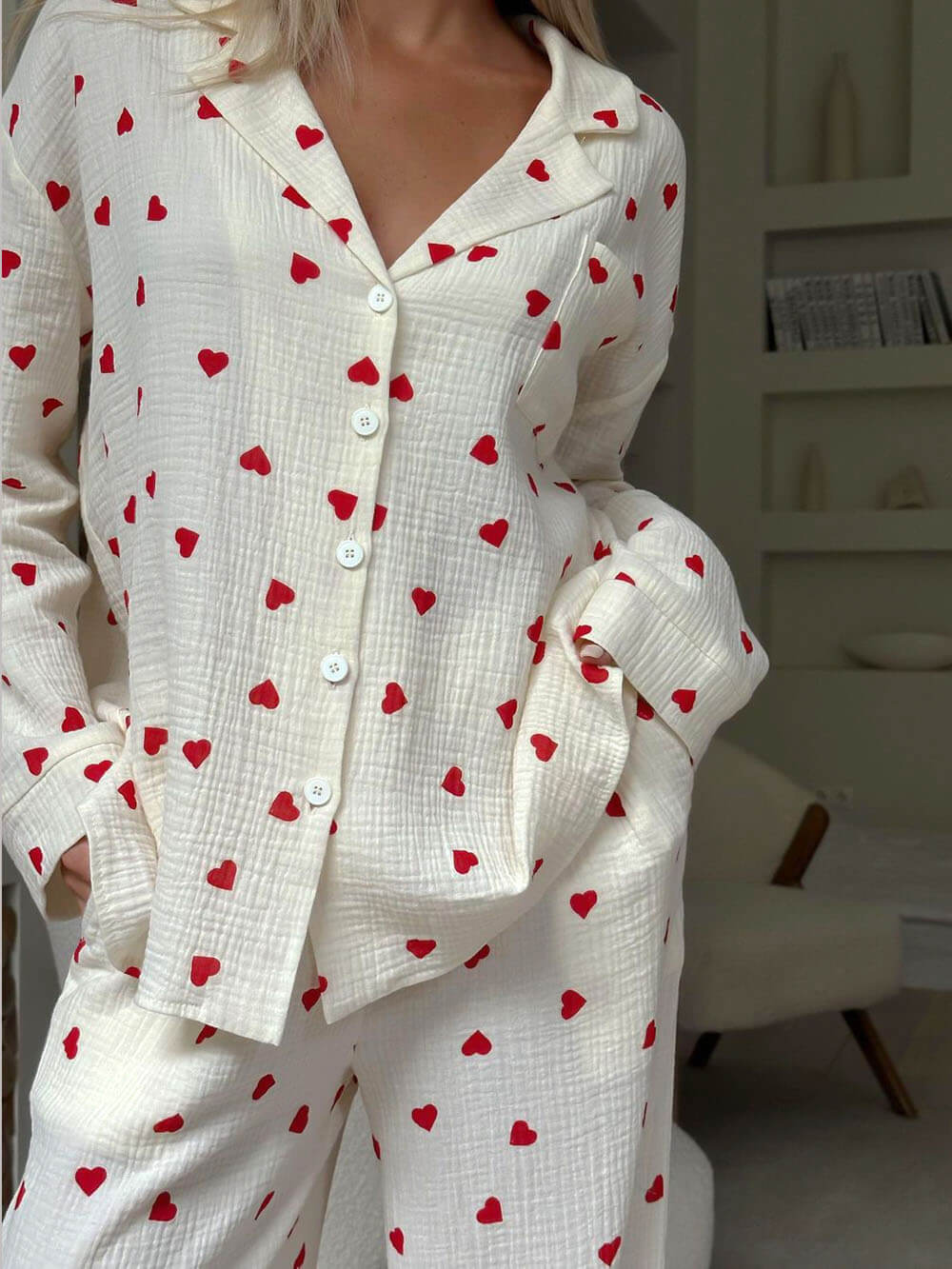 Cozy Heart Print Pajama Set - Women's Loungewear, Cotton, White with Red Hearts