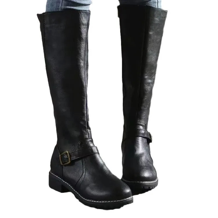 Women's Knee-High Leather Boots with Buckle - Black/Brown/Tan - Comfortable Fit