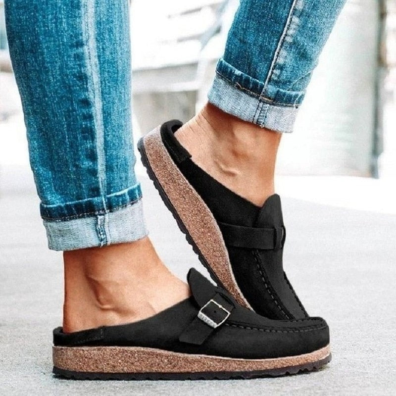 Women's Suede Slip-On Loafers with Buckle - Multiple Colors, Comfortable Fit