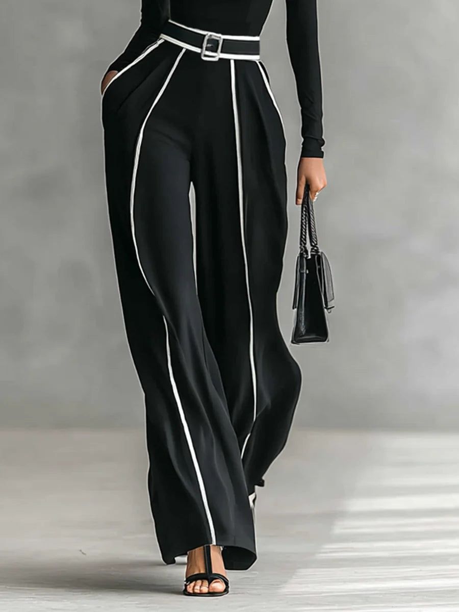 Women's Pant Set - Turtleneck Long Sleeve Top & Wide Leg Pants with Belt - Black/Gray - Elegant Style