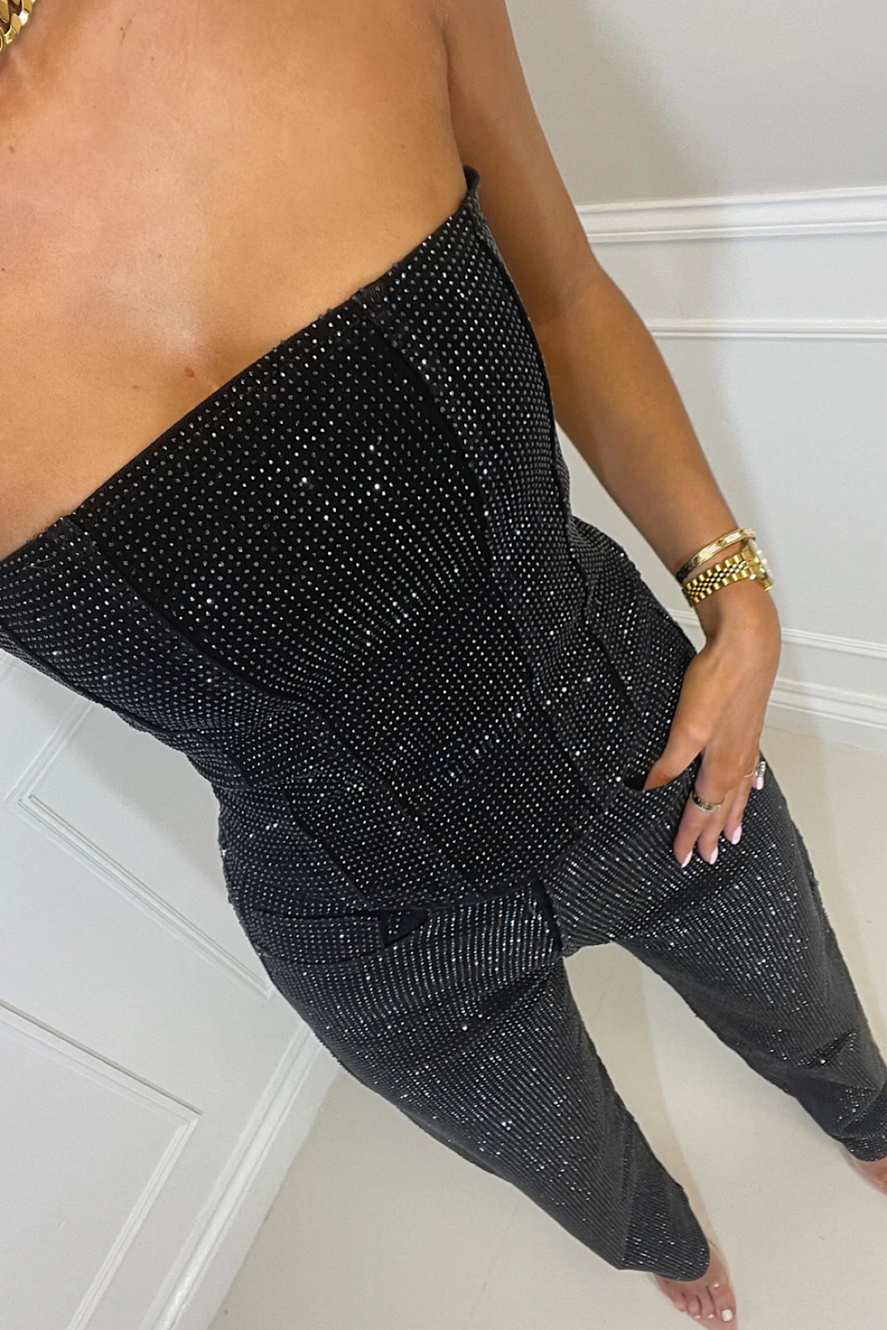 Sparkling Black Corset Top and Pants Set Strapless Embellished Women's Outfit