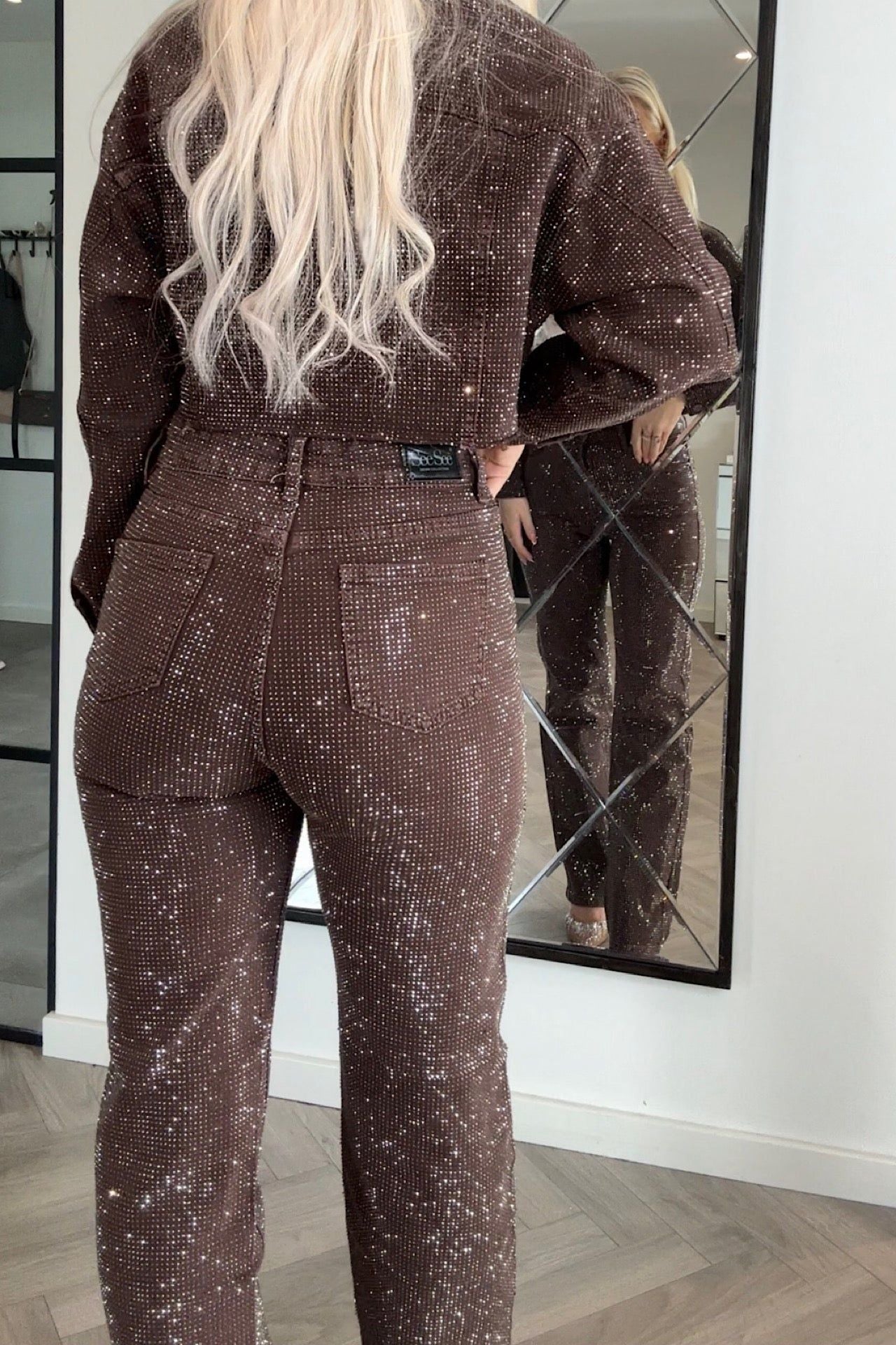 Brown Rhinestone High Waist Flare Jeans for Women - Embellished Denim Pants