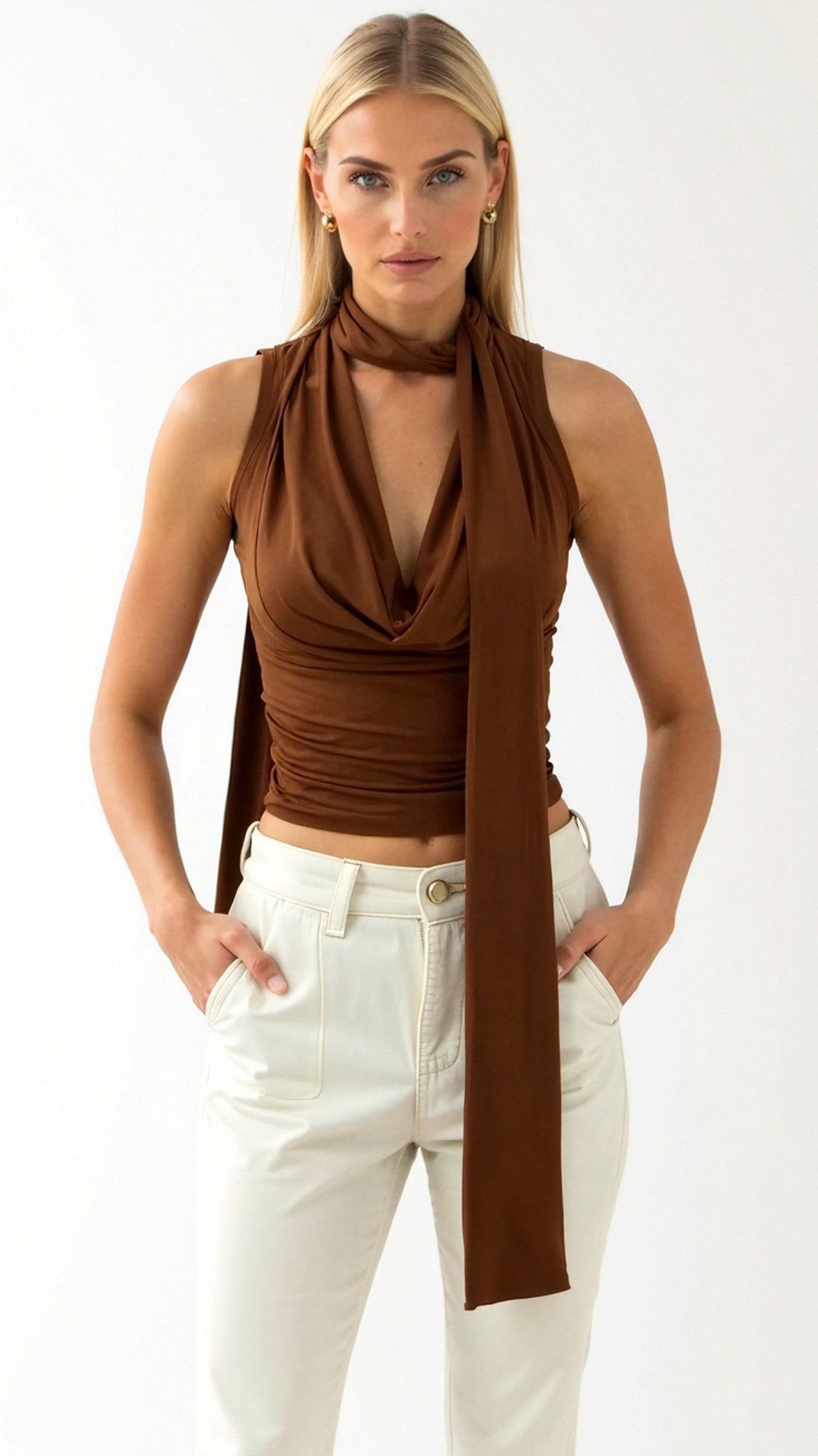 Scarf Tie Tank Top Sleeveless Cowl Neck Brown Top - Women's Casual Fashion