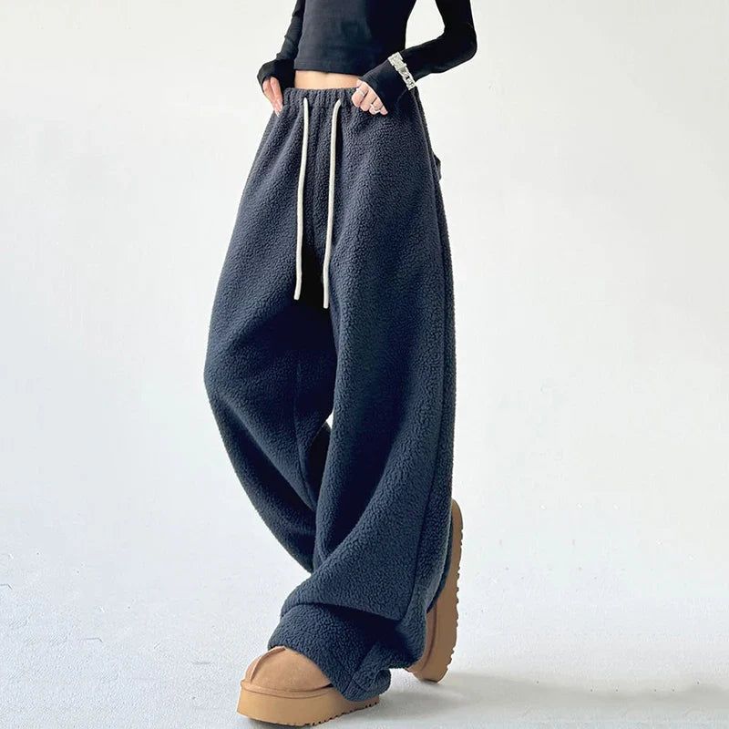 Wide Leg Sherpa Fleece Lounge Pants for Women with Drawstring - Relaxed Fit, Comfortable, Soft