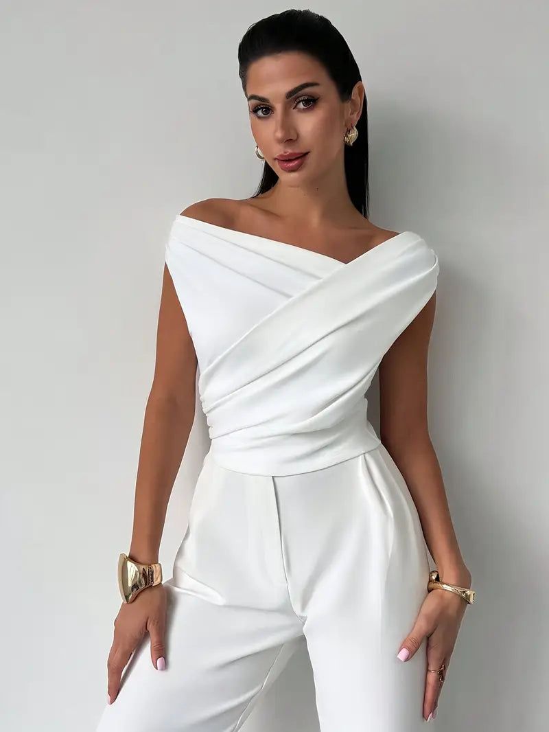 Off-Shoulder Wrap Top - Elegant Sleeveless Blouse, Available in White, Black, Red
