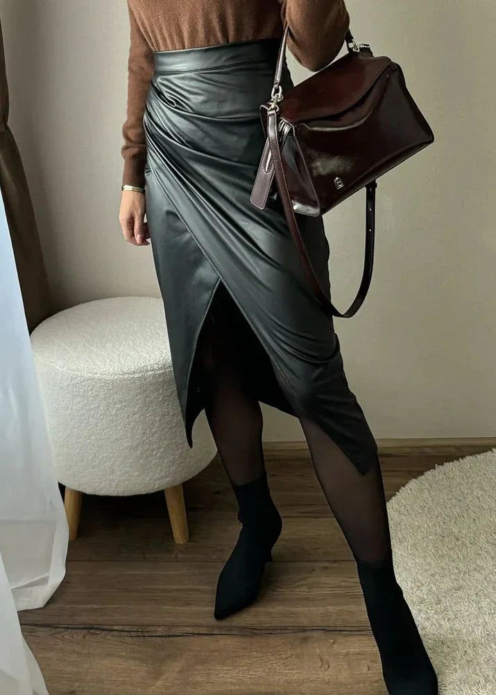 Draped Faux Leather Midi Skirt with Slit - Women's Elegant Pencil Skirt - Available in Black, Beige, Brown