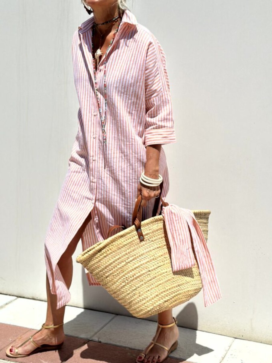 Striped Cotton Shirt Dress with Straw Tote Bag - Pink/Blue/Grey, Lightweight, Casual