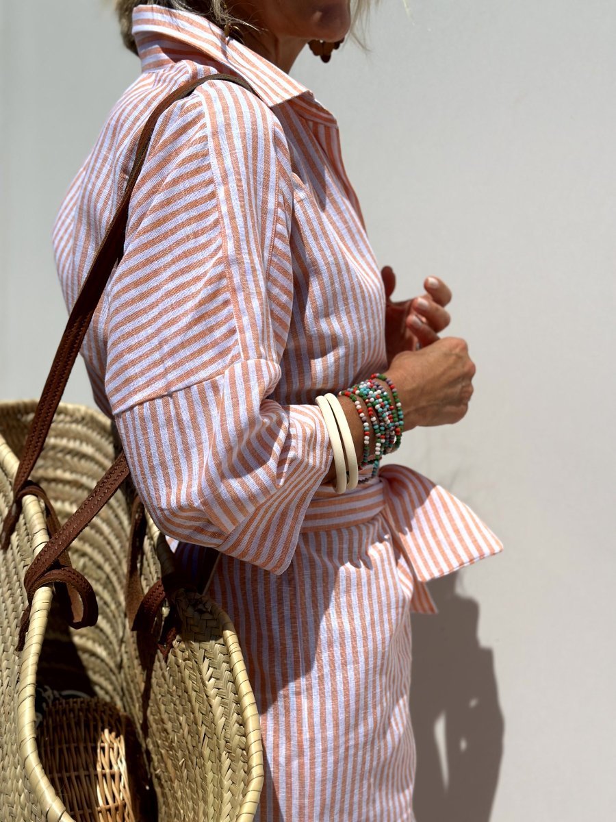 Striped Cotton Shirt Dress with Straw Tote Bag - Pink/Blue/Grey, Lightweight, Casual